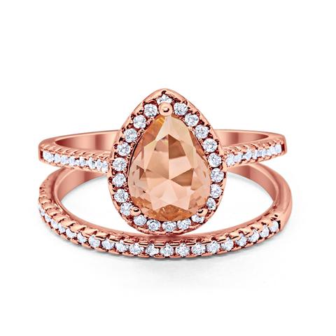 Teardrop Bridal Engagement Ring Rose Tone, Simulated Morganite Cubic Zirconia 925 Sterling Silver