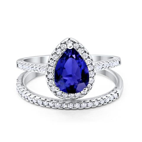Teardrop Bridal Engagement Ring Simulated Blue Sapphire CZ 925 Sterling Silver