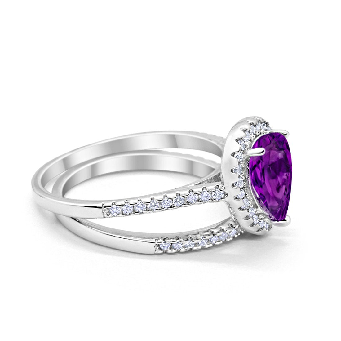 Teardrop Pear Bridal Set Engagement Ring Simulated Amethyst CZ 925 Sterling Silver
