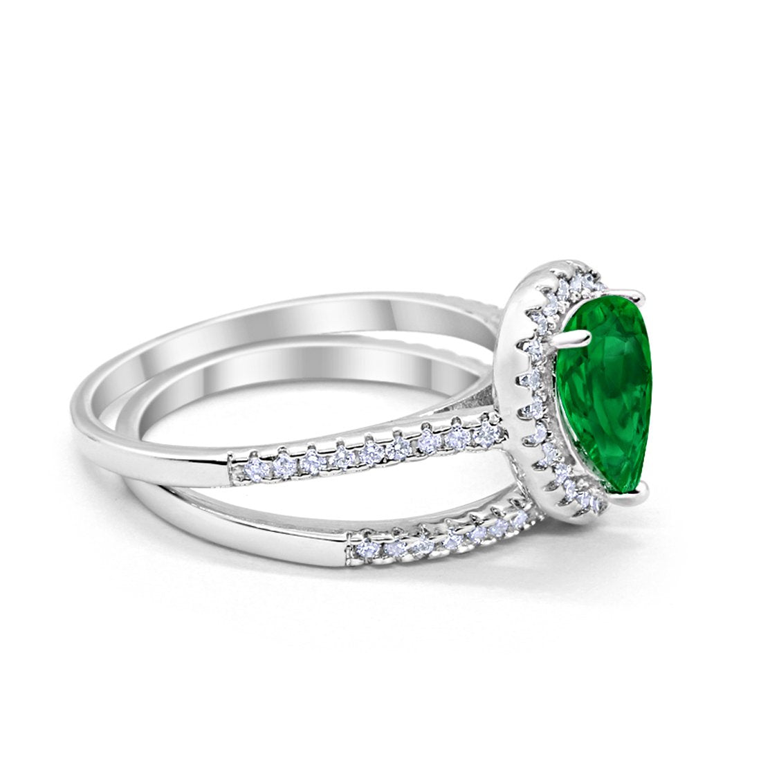 Teardrop Pear Bridal Set Engagement Ring Simulated Green Emerald Cubic Zirconia 925 Sterling Silver