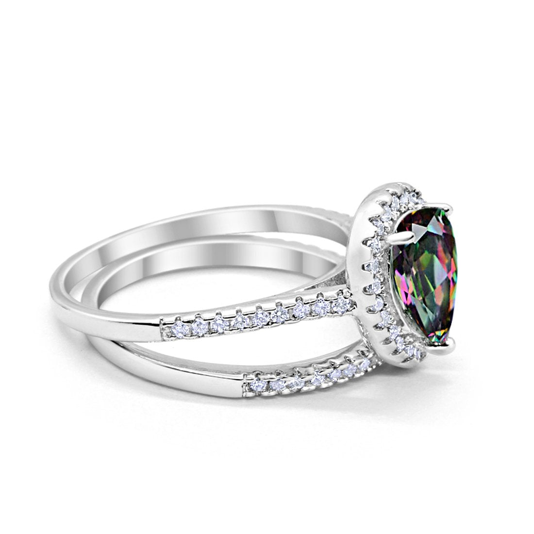 Teardrop Bridal Engagement Ring Simulated Rainbow CZ 925 Sterling Silver