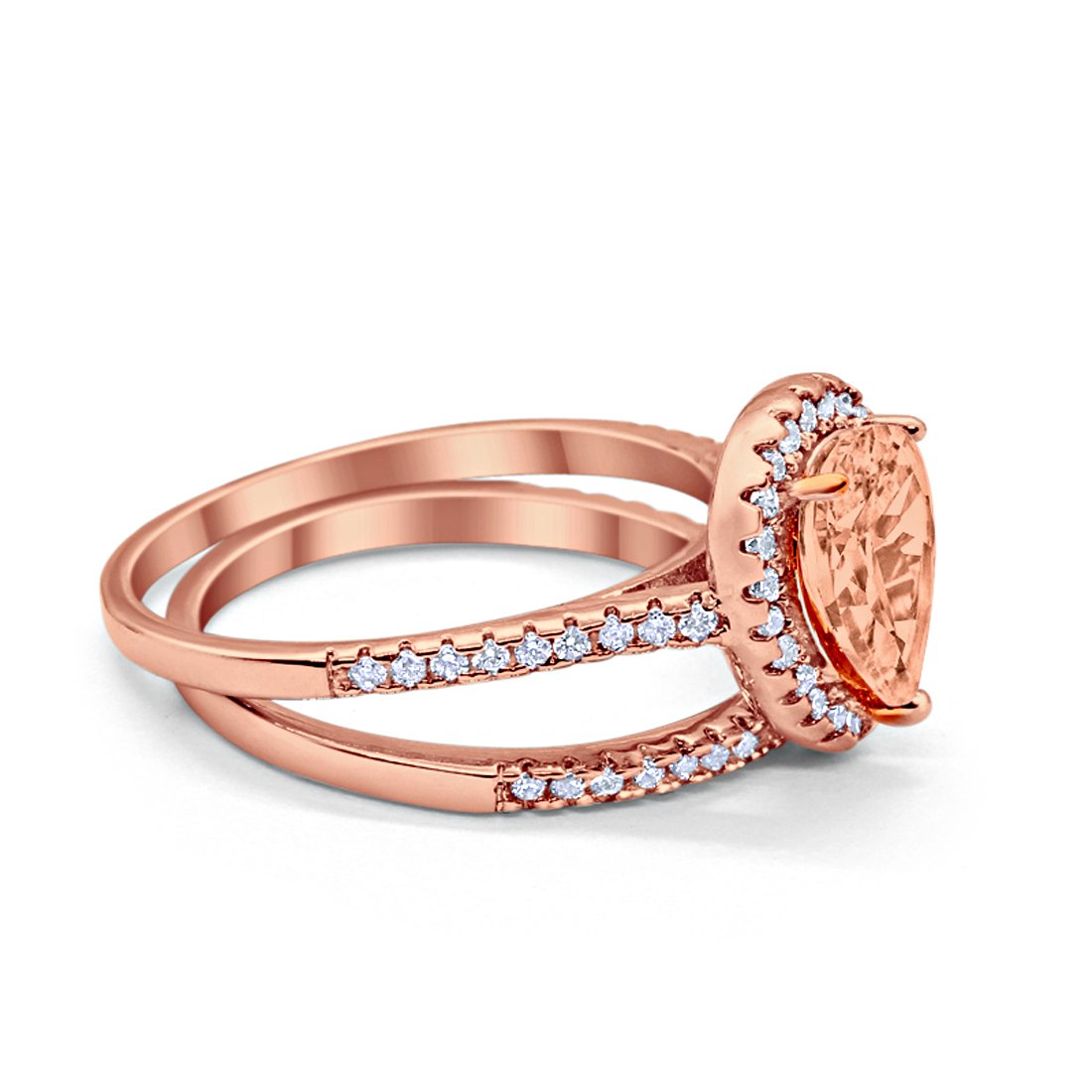 Teardrop Bridal Engagement Ring Rose Tone, Simulated Morganite Cubic Zirconia 925 Sterling Silver