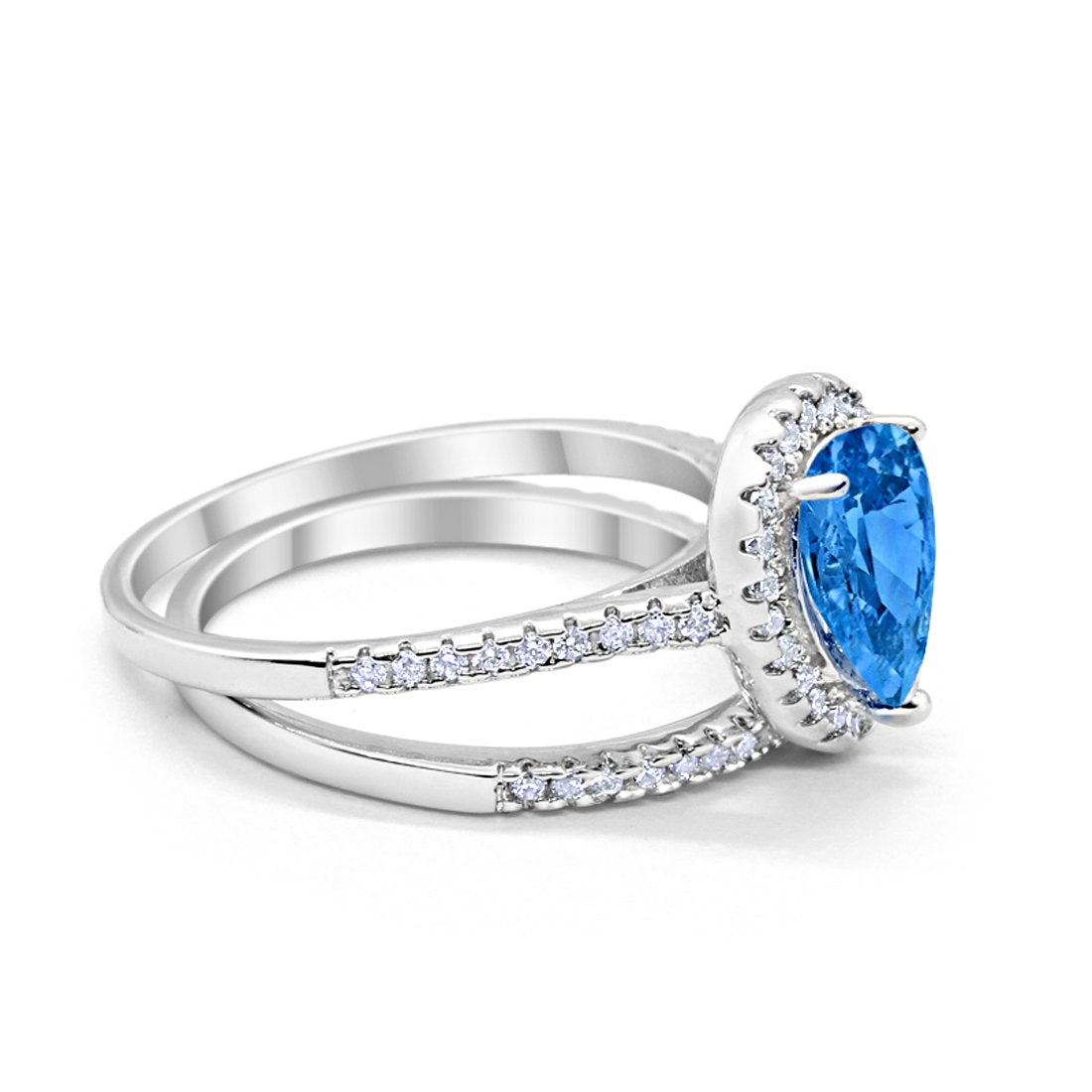 Teardrop Bridal Engagement Ring Simulated Blue Topaz CZ 925 Sterling Silver