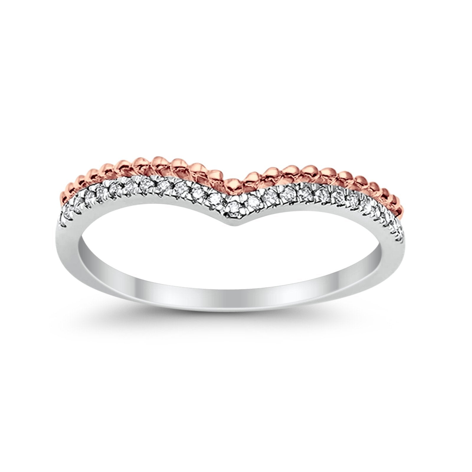 .09ct 14k Two Tone Diamond V Shape Chevron Band Ring Size 6.5