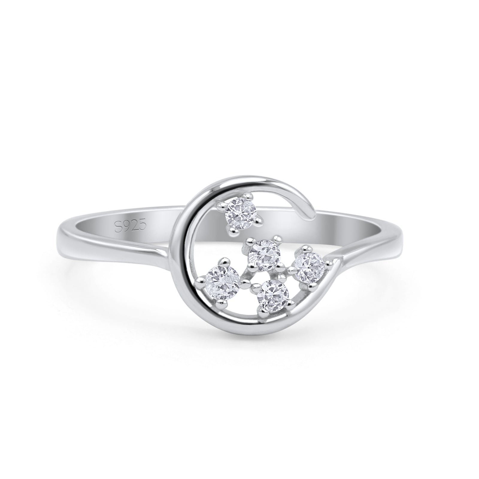 Fashionable Universe Cute Moon Engagement Ring Round Simulated Cubic Zirconia 925 Sterling Silver