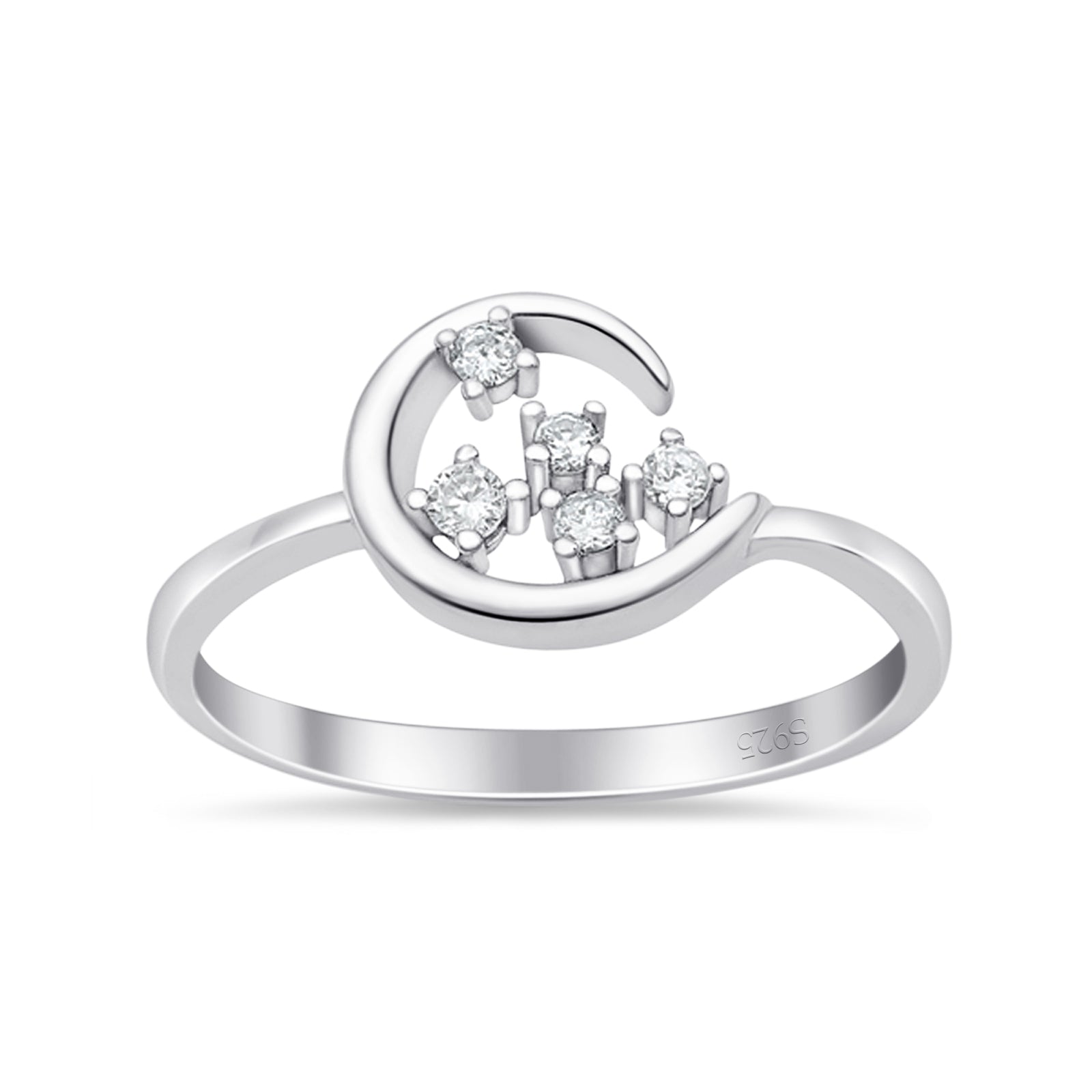 Fashionable Universe Cute Moon Engagement Ring Round Simulated Cubic Zirconia 925 Sterling Silver