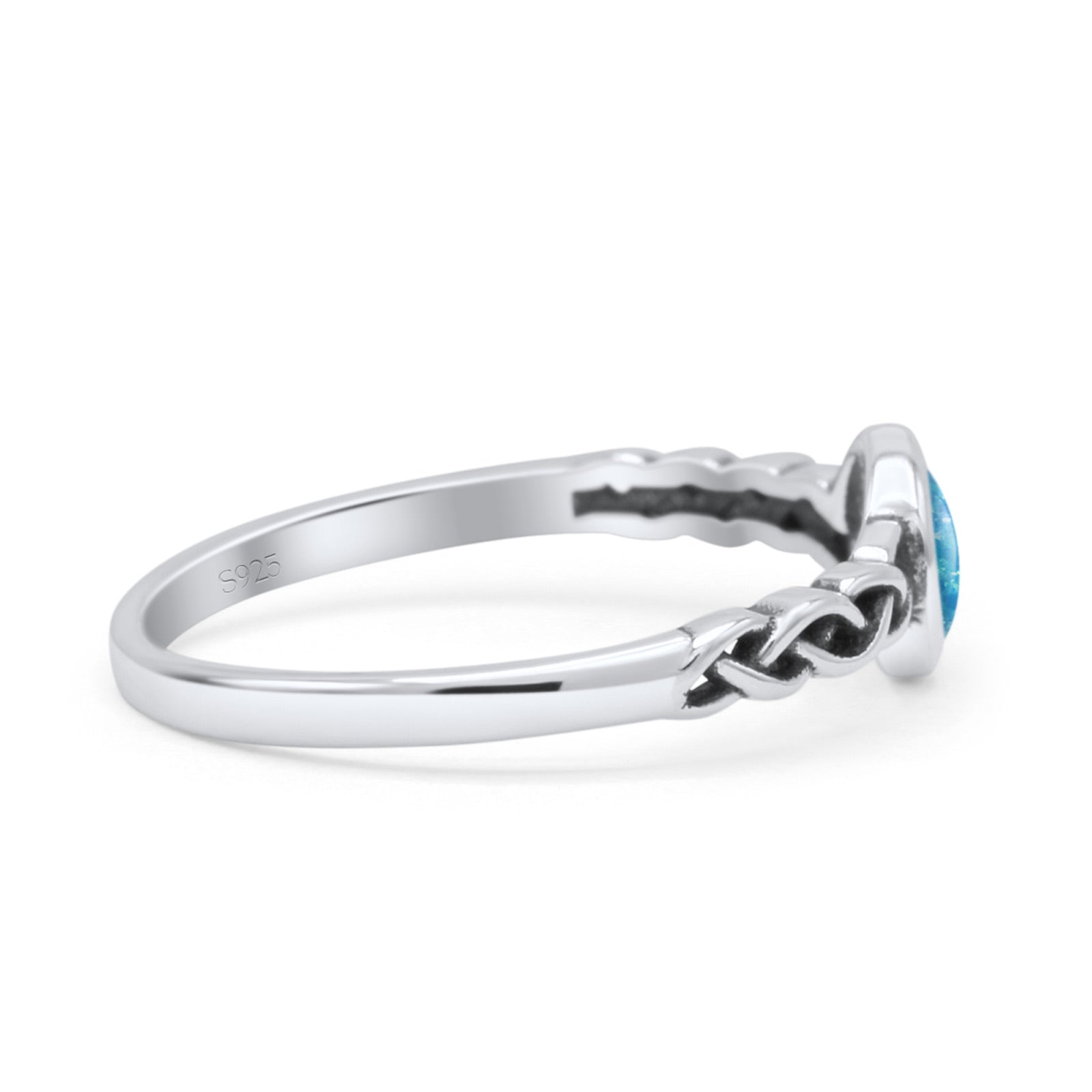 Celtic Style Round Thumb Ring Oxidized Statement Fashion Ring Band Lab Created Blue Opal 925 Sterling Silver