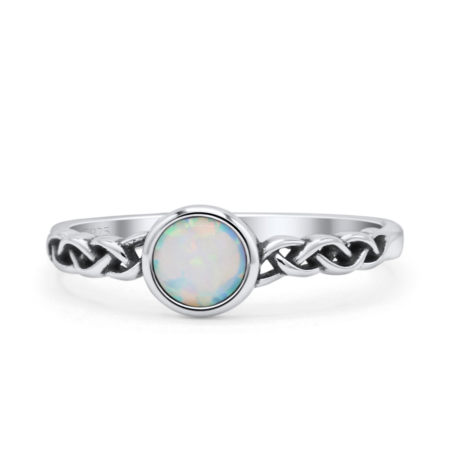 Celtic Style Round Thumb Ring Oxidized Statement Fashion Ring Band Lab Created White Opal 925 Sterling Silver