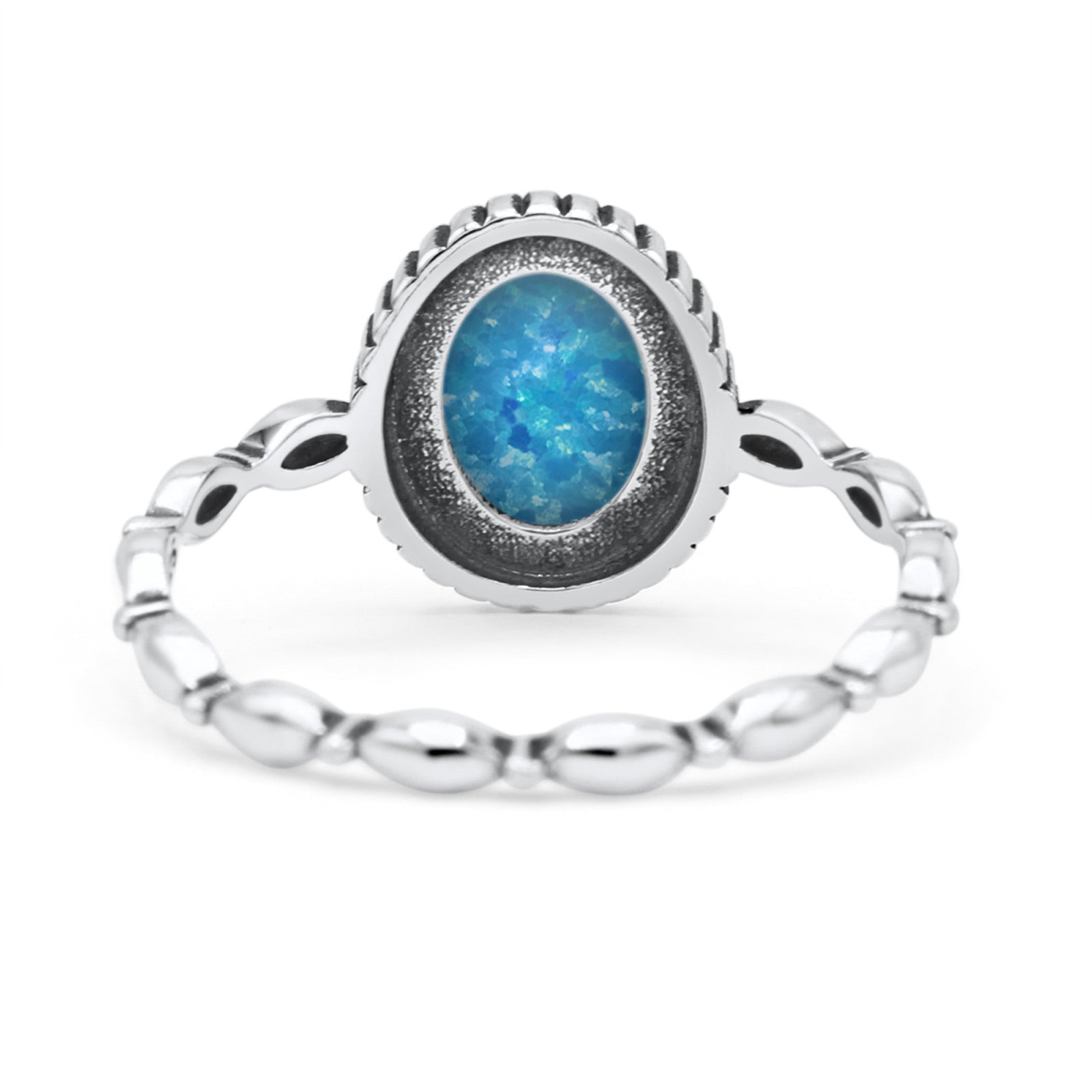 Oval Thumb Ring Oxidized Statement Fashion Ring Band Lab Created Blue Opal 925 Sterling Silver