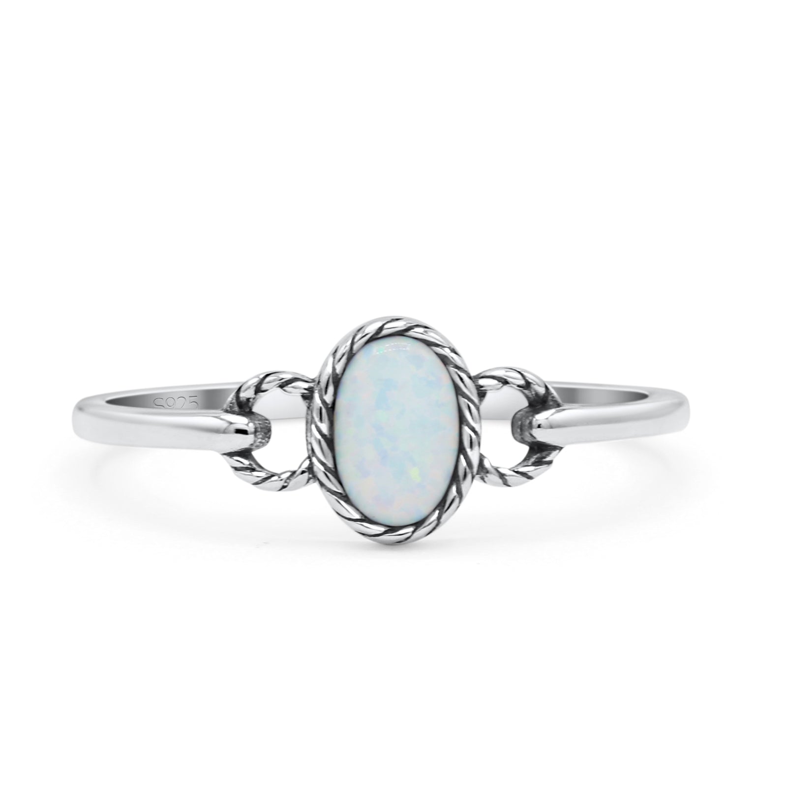 Oval Oxidized Statement Fashion Petite Dainty Thumb Ring Lab Created White Opal 925 Sterling Silver
