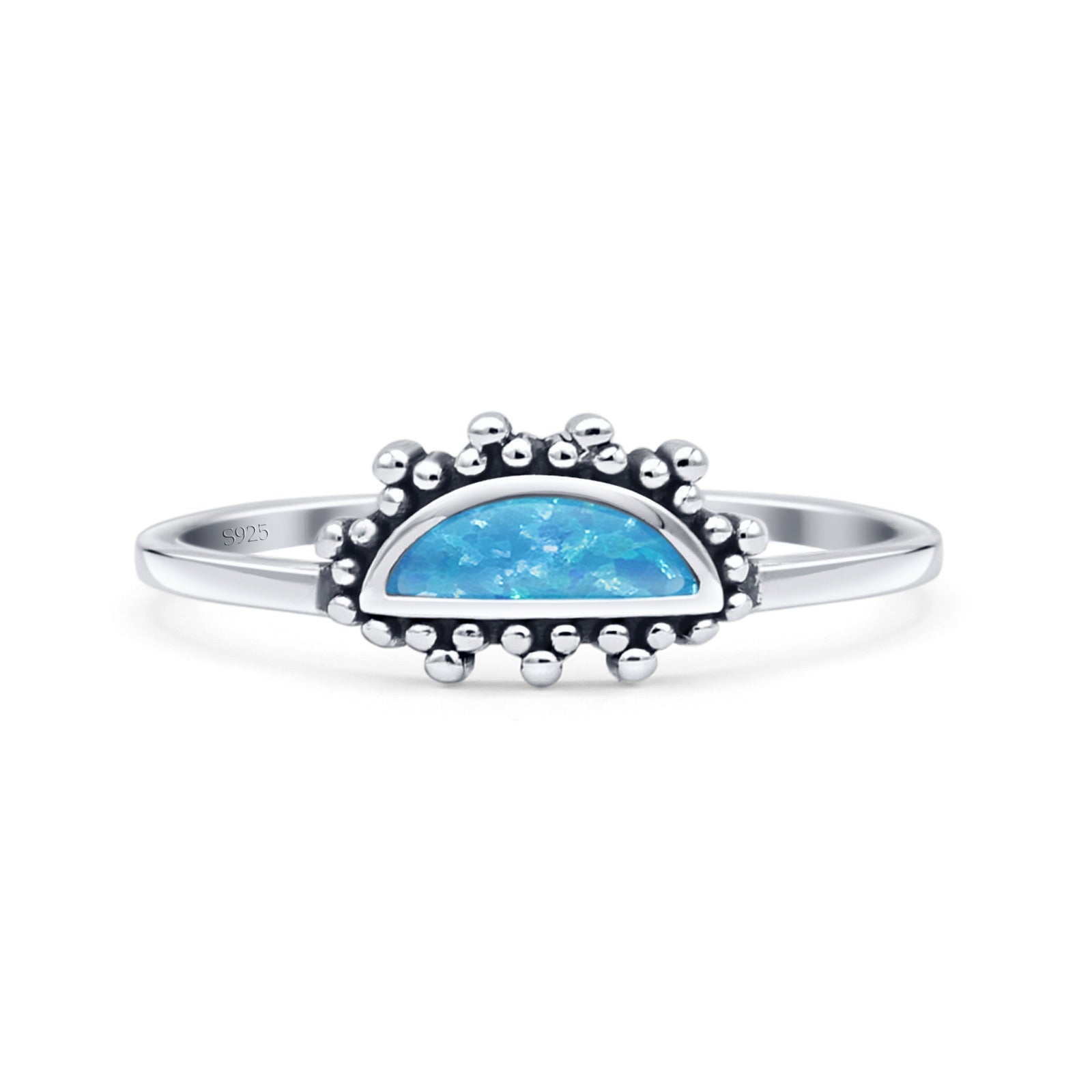 Crescent Oxidized Bali Half Moon Trendy Statement Fashion Ring Lab Created Blue Opal 925 Sterling Silver
