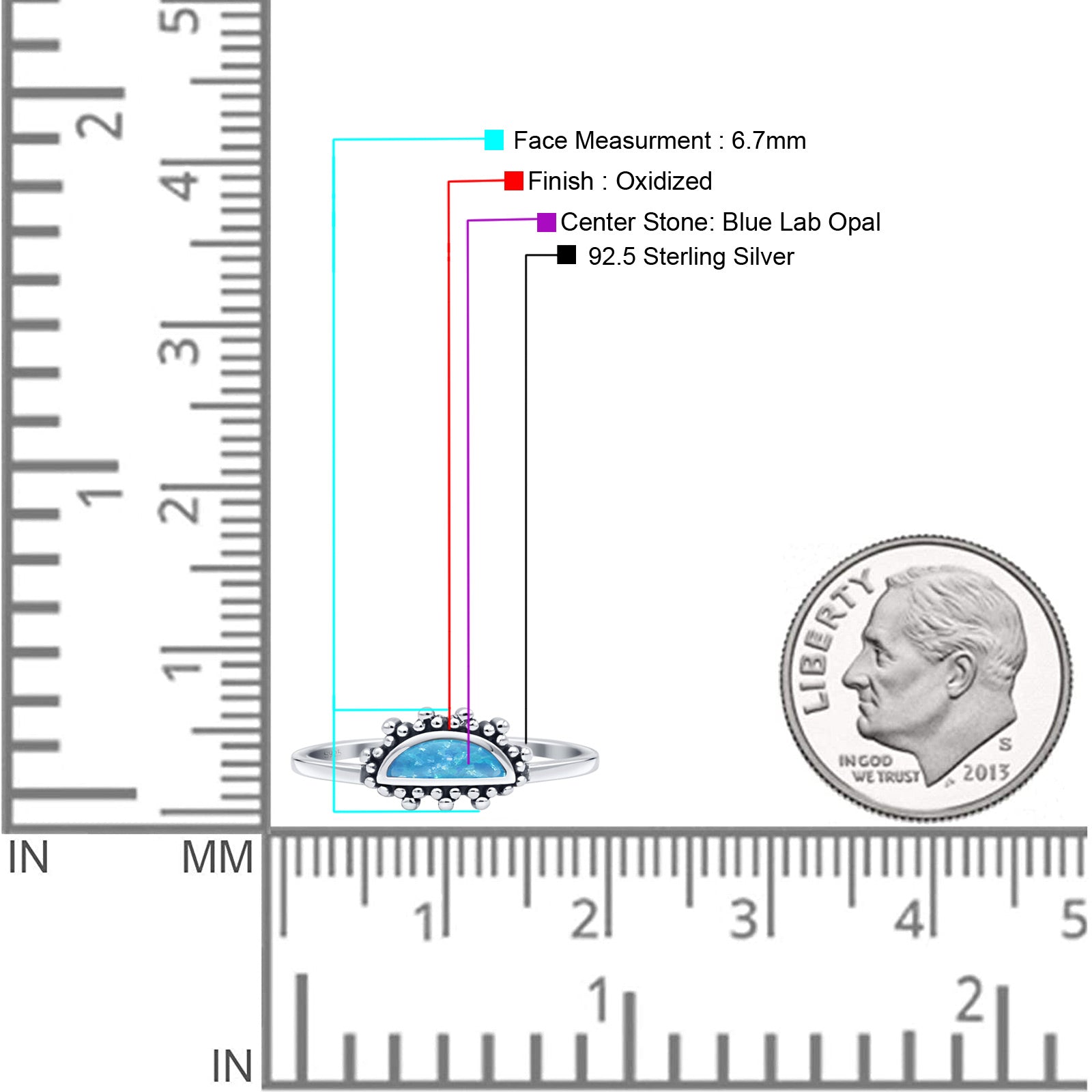 Crescent Oxidized Bali Half Moon Trendy Statement Fashion Ring Lab Created Blue Opal 925 Sterling Silver