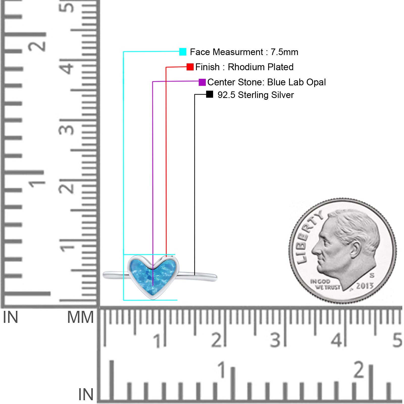 Solitaire Heart Promise Ring Band Statement Fashion Ring Lab Created Blue Opal 925 Sterling Silver