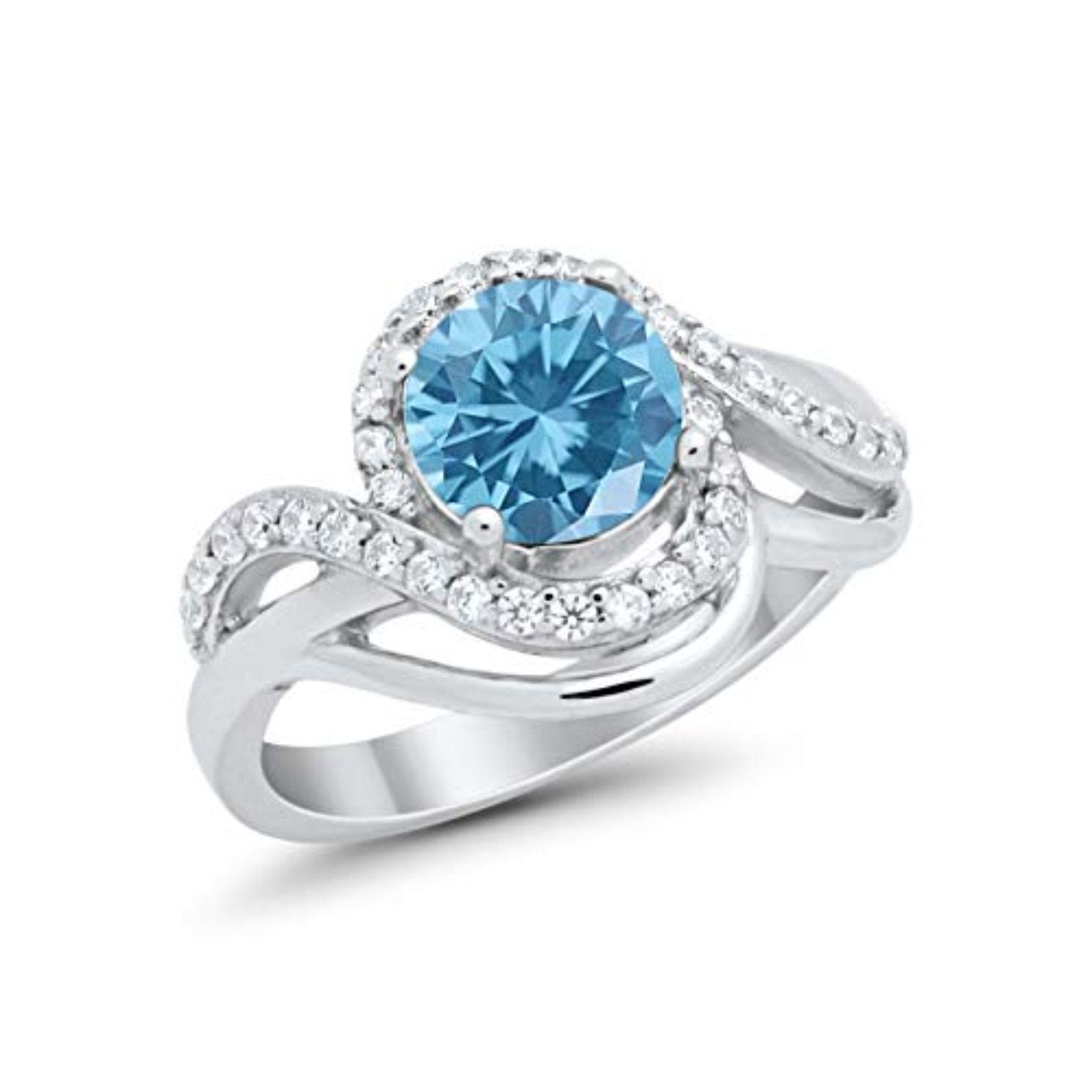 Art Deco Round Engagement Ring Simulated Aquamarine CZ Swirl 925 Sterling Silver