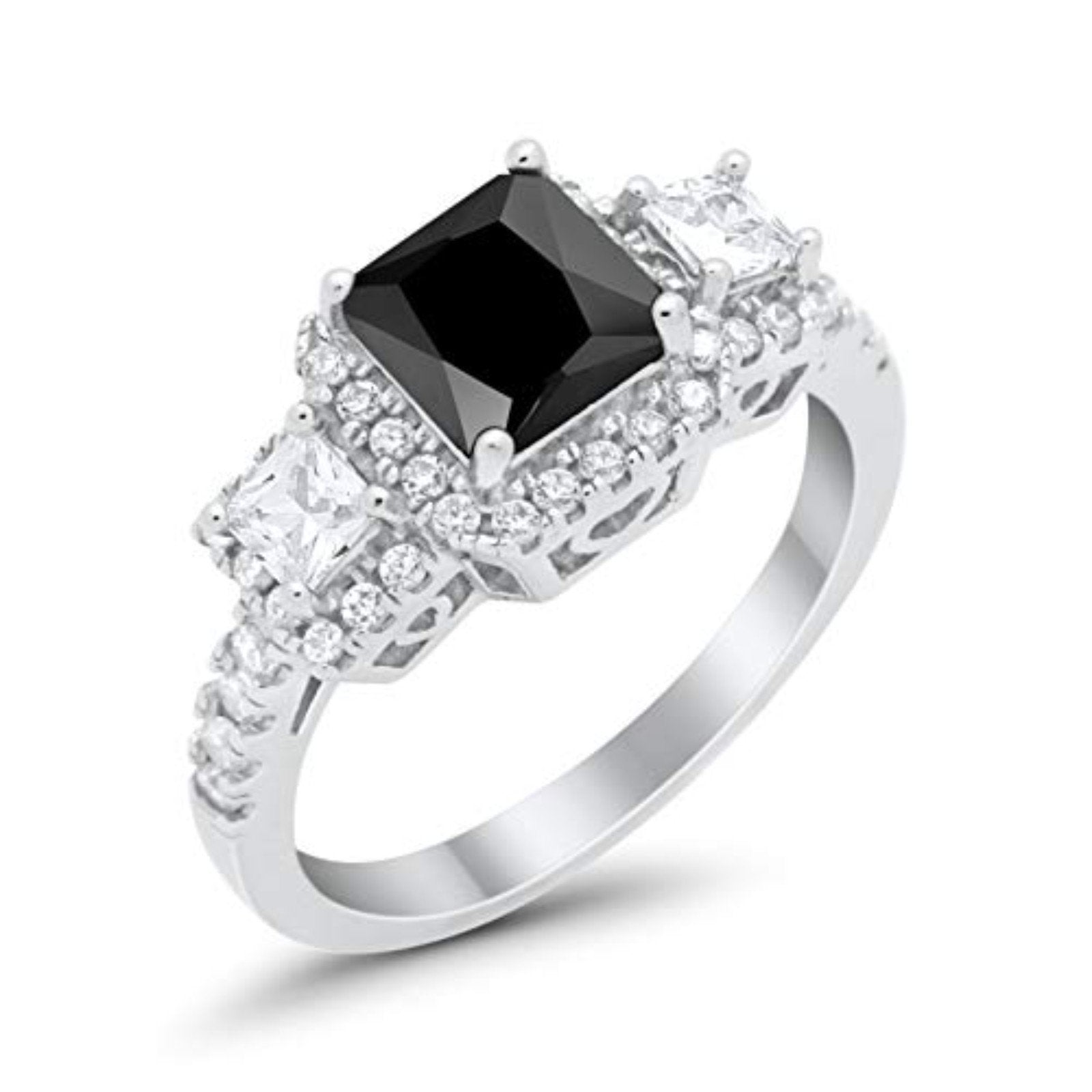 Three Stone Princess Wedding Simulated Black CZ Ring 925 Sterling Silver
