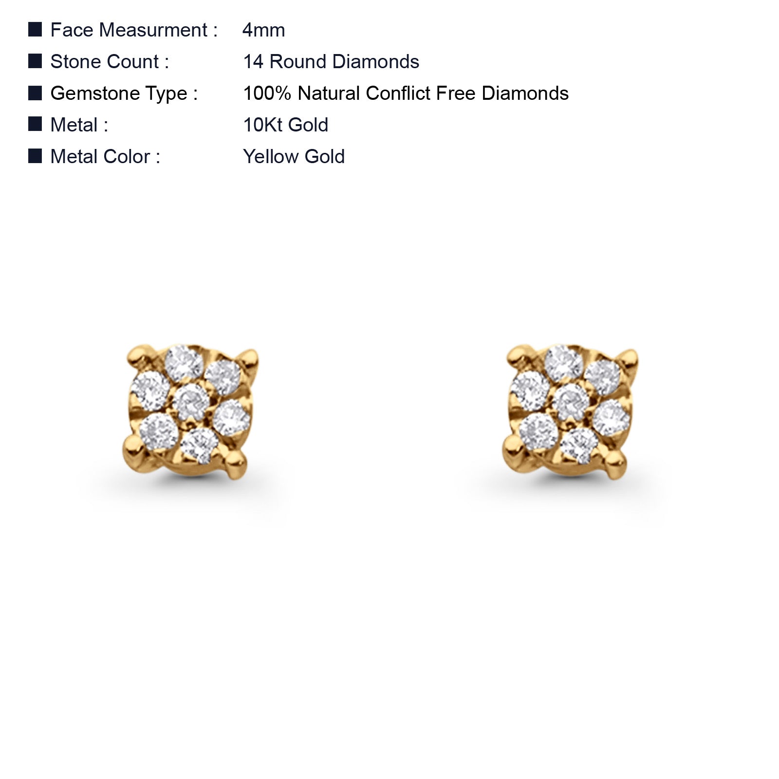 Solid 10K Yellow Gold 4mm Round Diamond Stud Earrings Wholesale