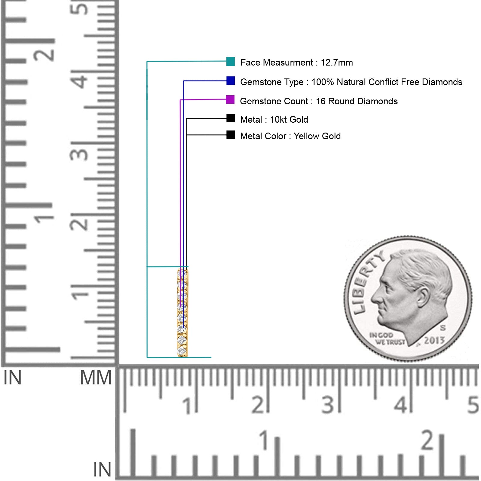 Diamond Line Stud Earrings 12.7mm Round Fashion 10K Yellow Gold Wholesale