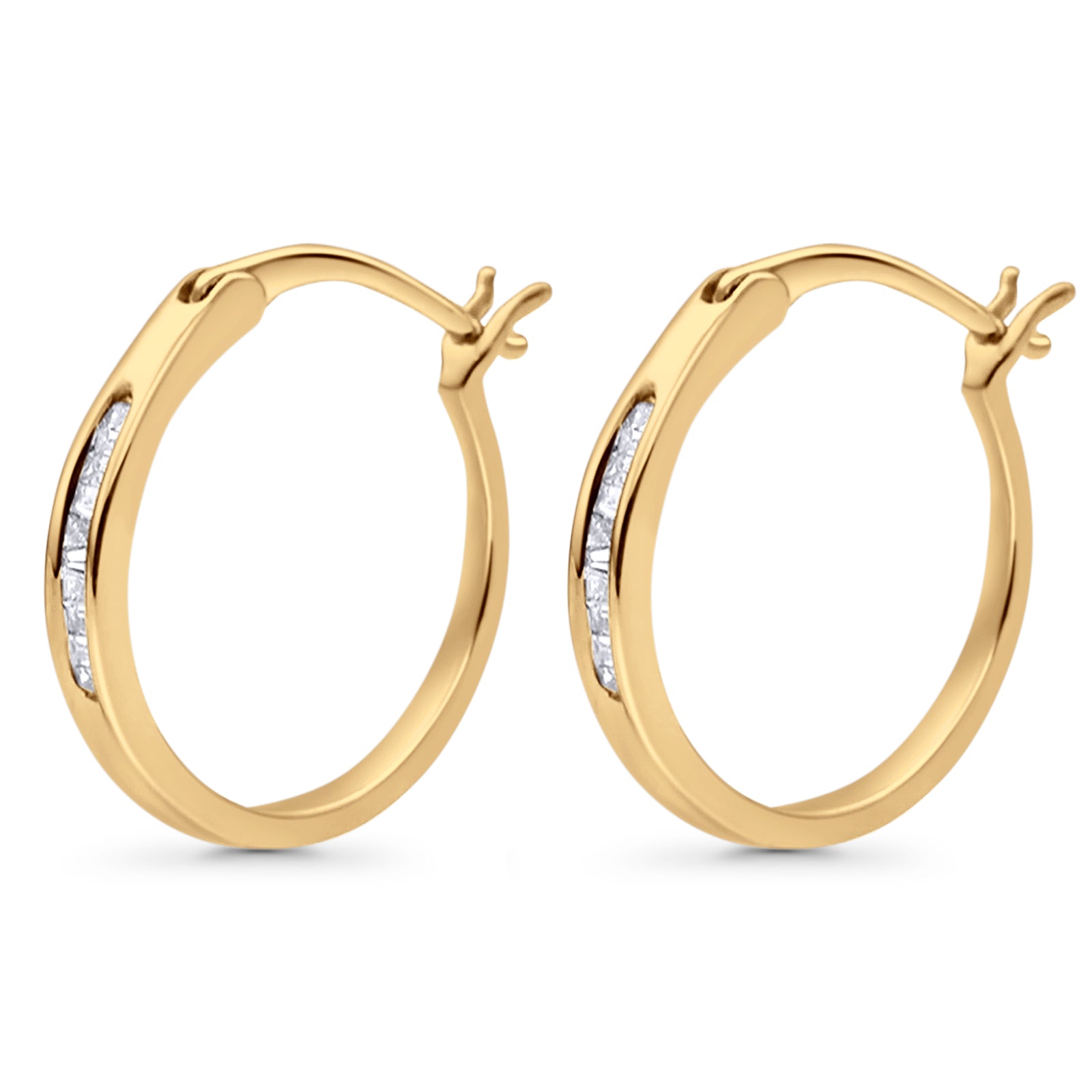 Solid 10K Yellow Gold 12.7mm Baguette Diamond Hoop Earrings Wholesale