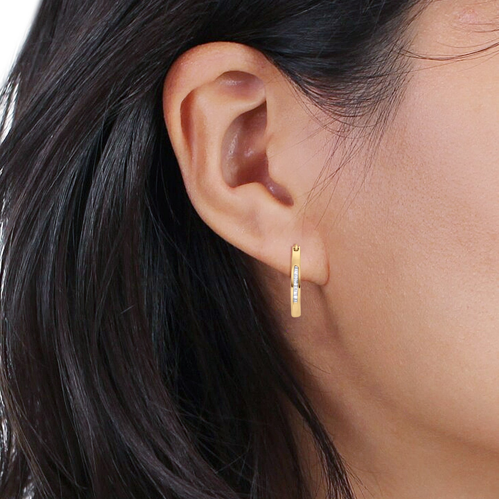 Solid 10K Yellow Gold 12.7mm Baguette Diamond Hoop Earrings Wholesale