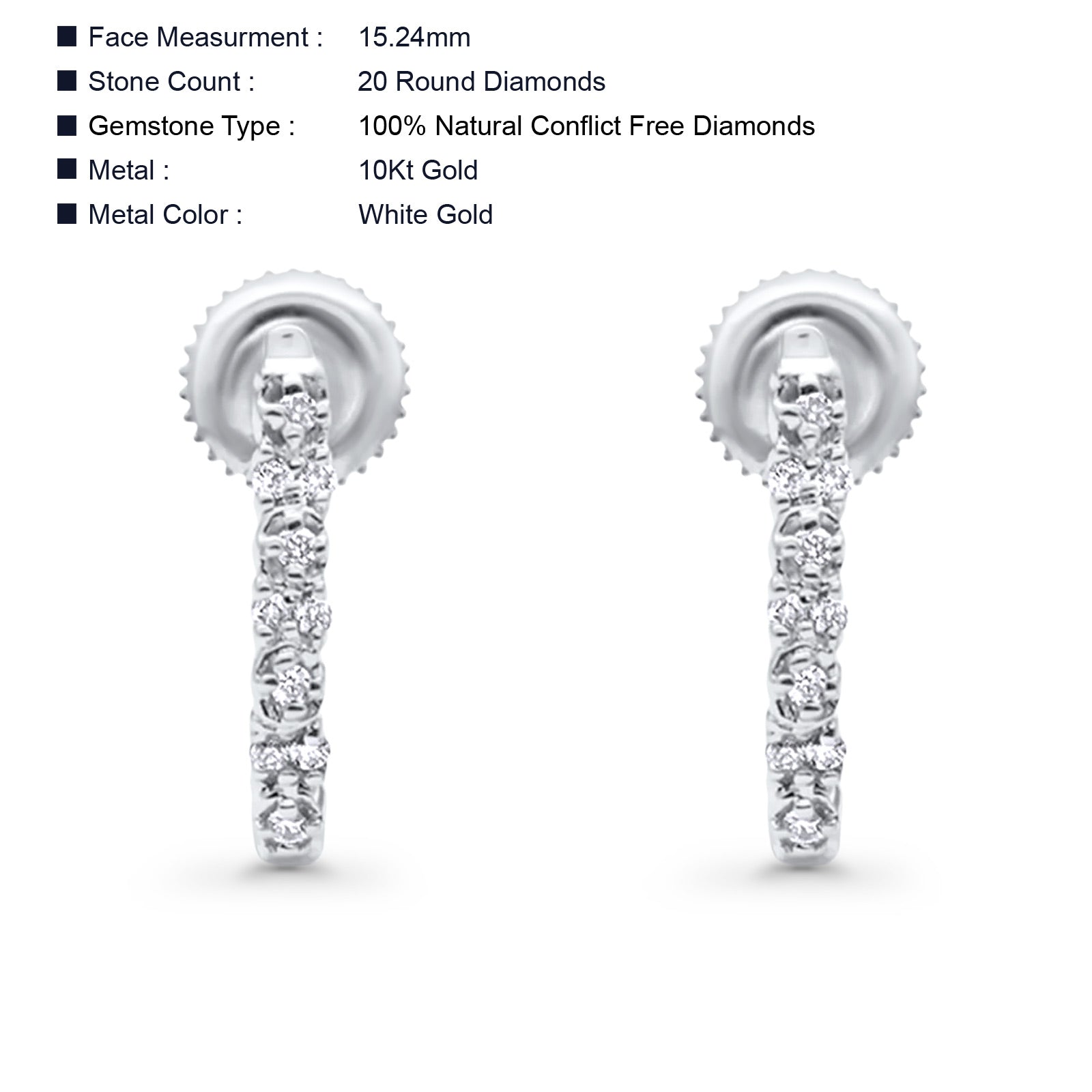 Solid 10K White Gold 15.24mm J Shaped Round Diamond Hoop Earring Wholesale