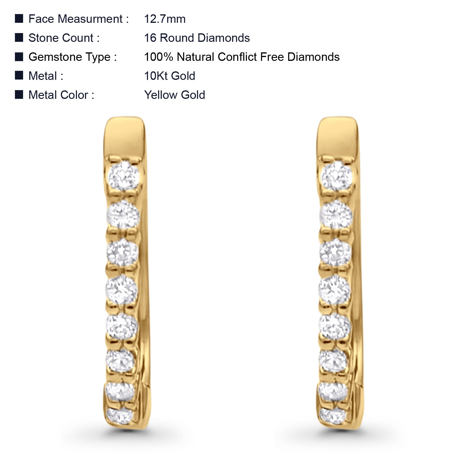 Solid 10K Yellow Gold 12.7mm Round Diamond Hoop Huggie Earrings Wholesale