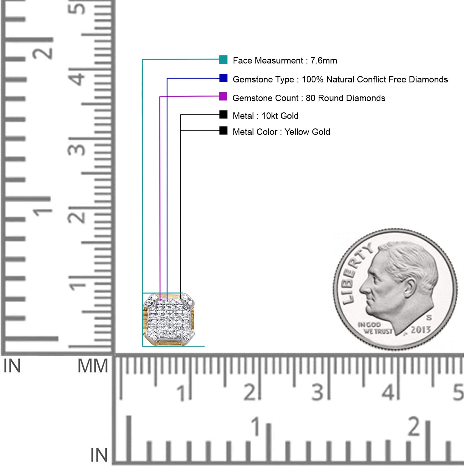 Diamond Stud Earrings 7.6mm Octagonal Shaped 10K Yellow Gold Wholesale