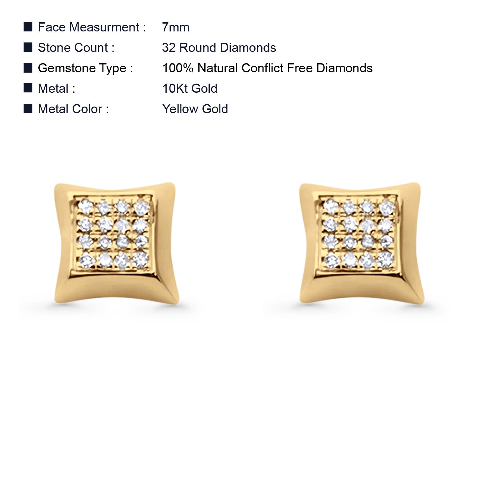 Diamond Stud Earrings 7mm Square Shaped 10K Yellow Gold Wholesale