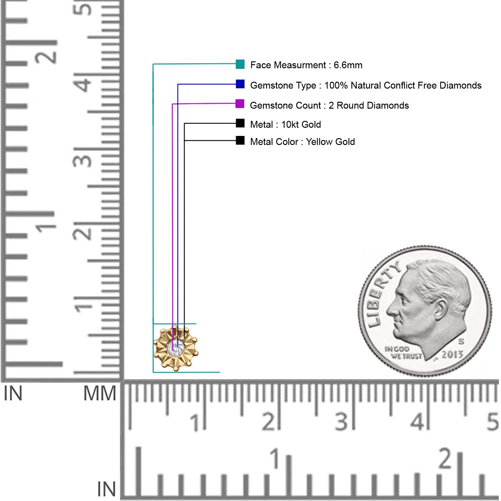 Diamond Round Stud Earrings 6.6mm 10K Yellow Gold Wholesale