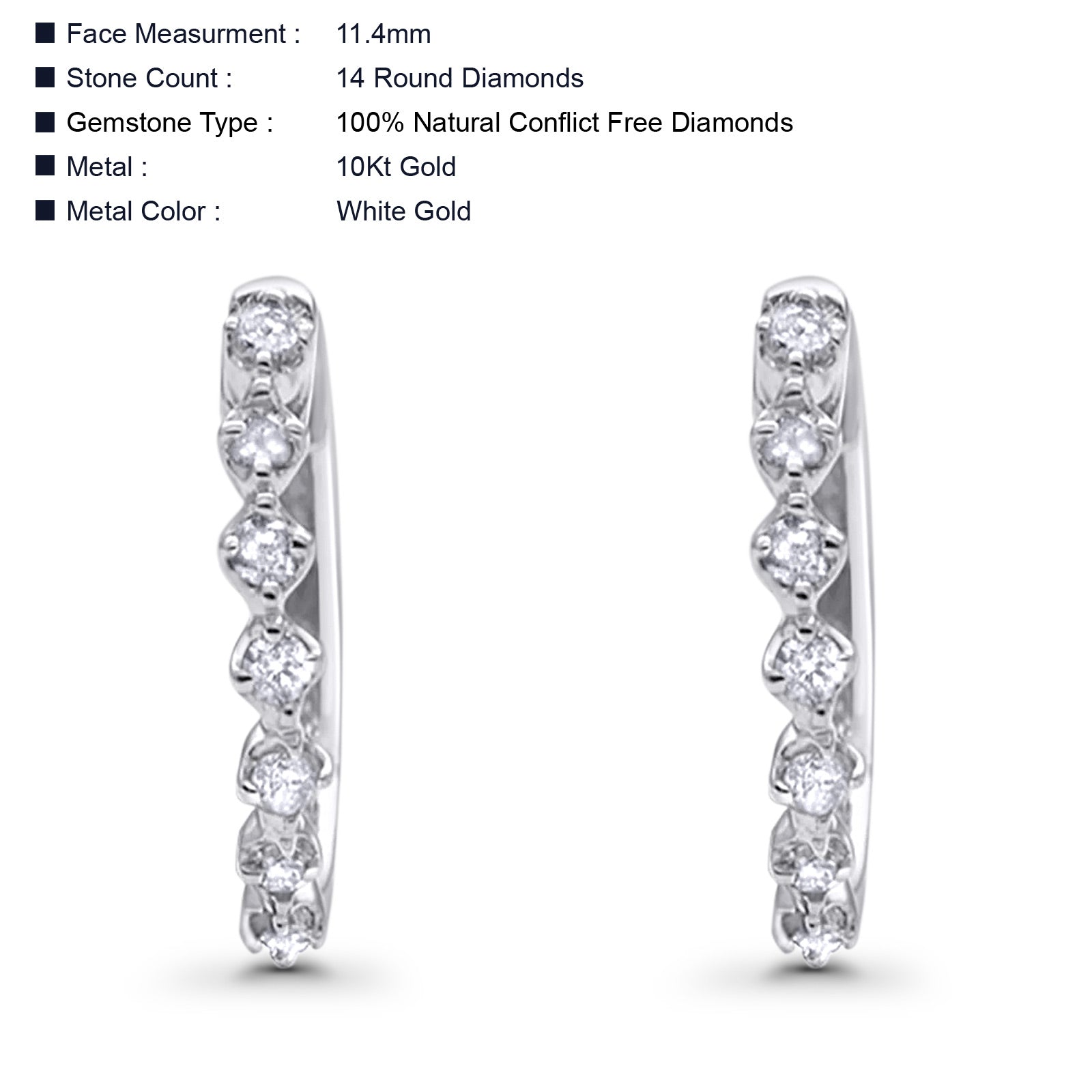 Solid 10K White Gold 11.4mm Round Milgrain Diamond Huggie Hoop Earrings Wholesale