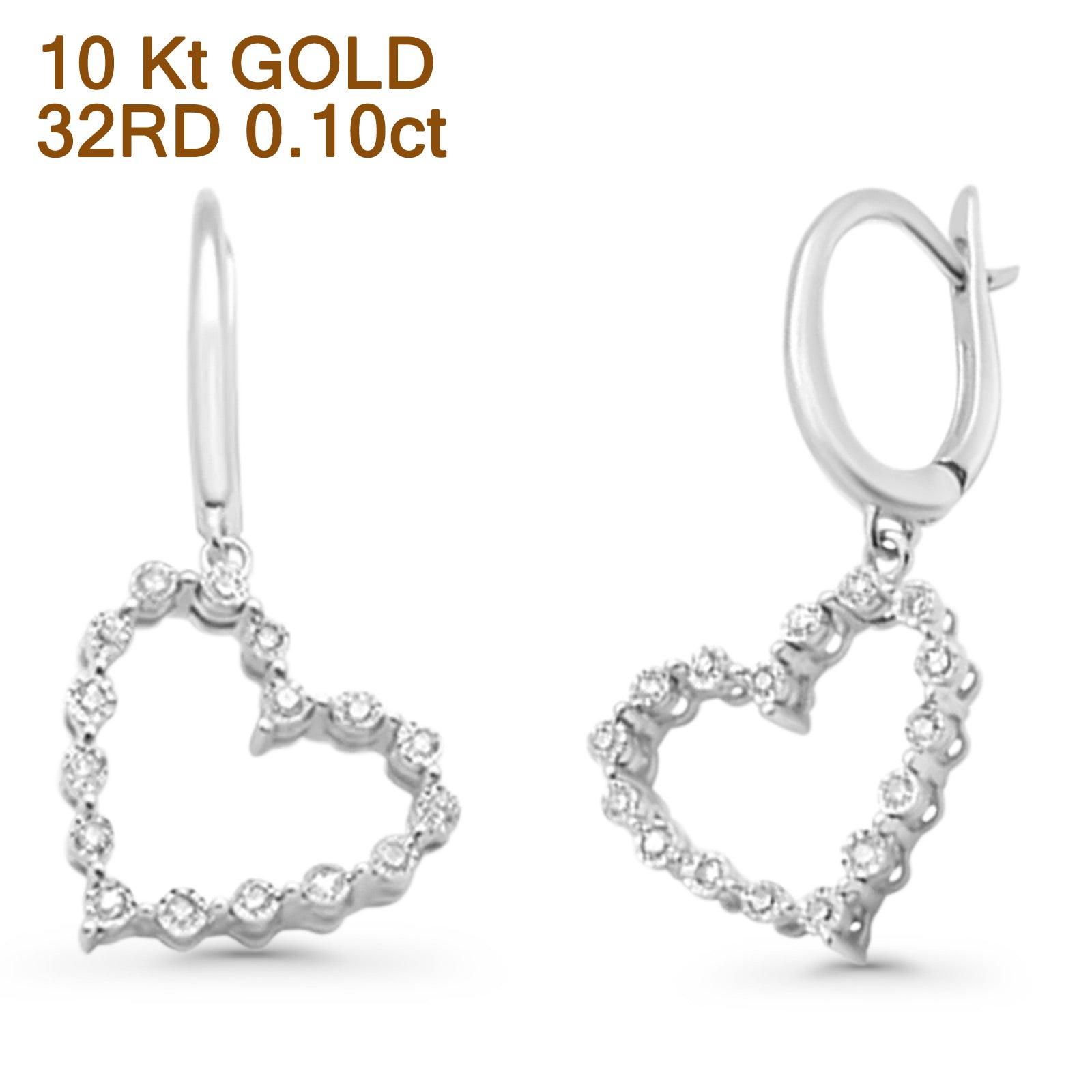 Solid 10K White Gold 25.4mm Heart Diamond Hoop Dangle Earrings Wholesale