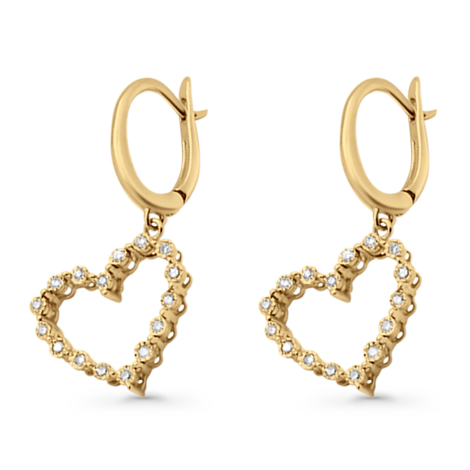 Solid 10K Yellow Gold 25.4mm Heart Diamond Hoop Dangle Earrings Wholesale