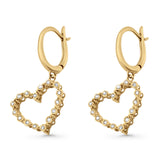 Solid 10K Yellow Gold 25.4mm Heart Diamond Hoop Dangle Earrings Wholesale