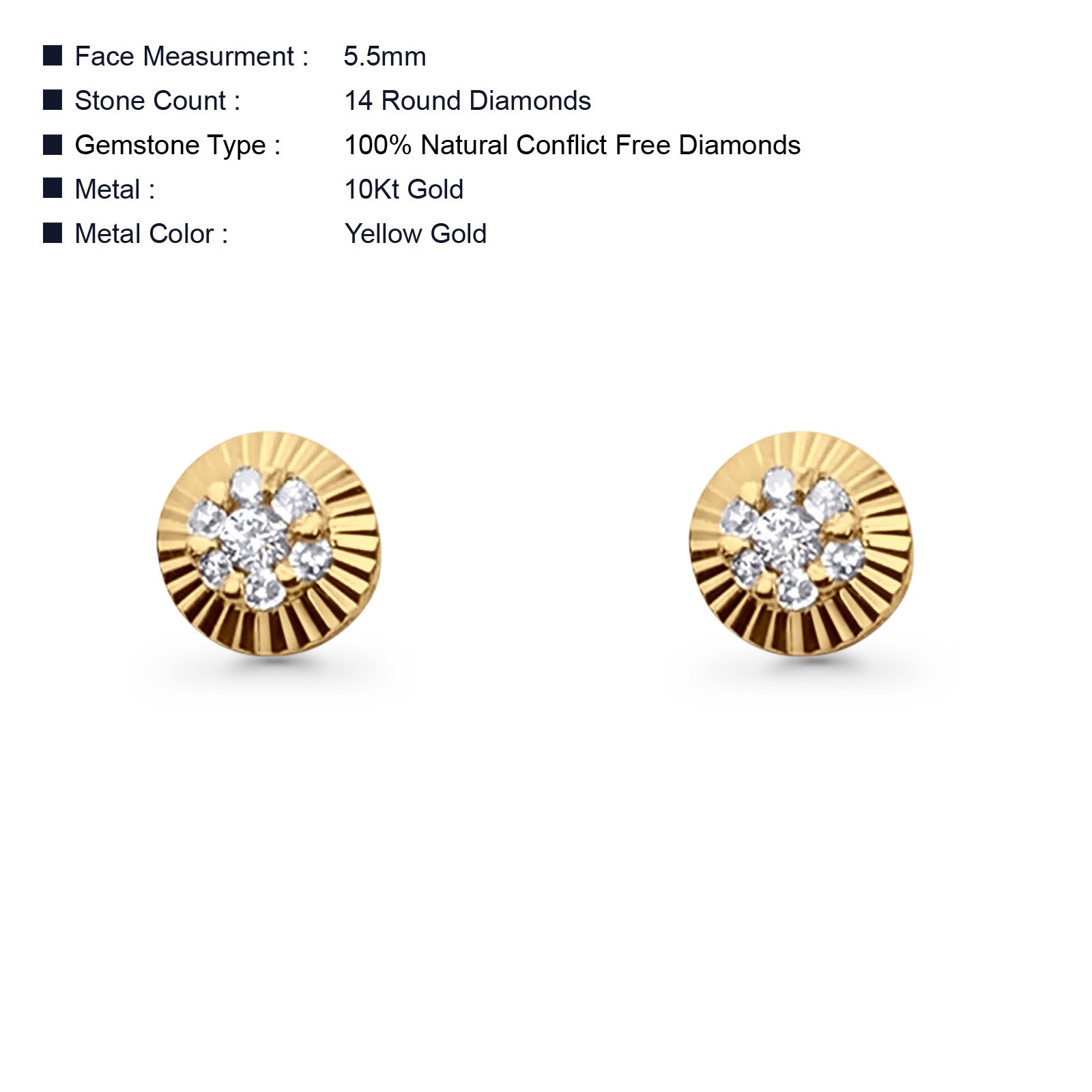 Solid 10K Yellow Gold 5.5mm Sunflower Round Diamond Stud Earring Wholesale