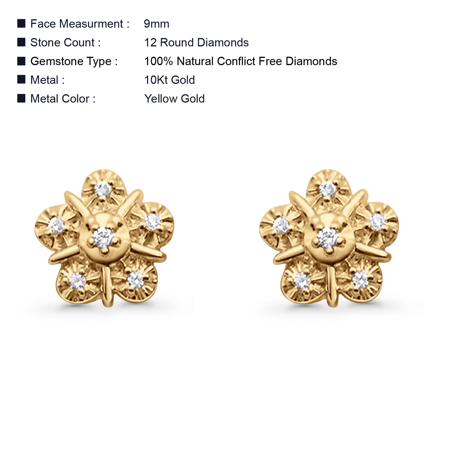 Solid 10K Yellow Gold 9mm Flower Design Round Diamond Stud Earring Wholesale