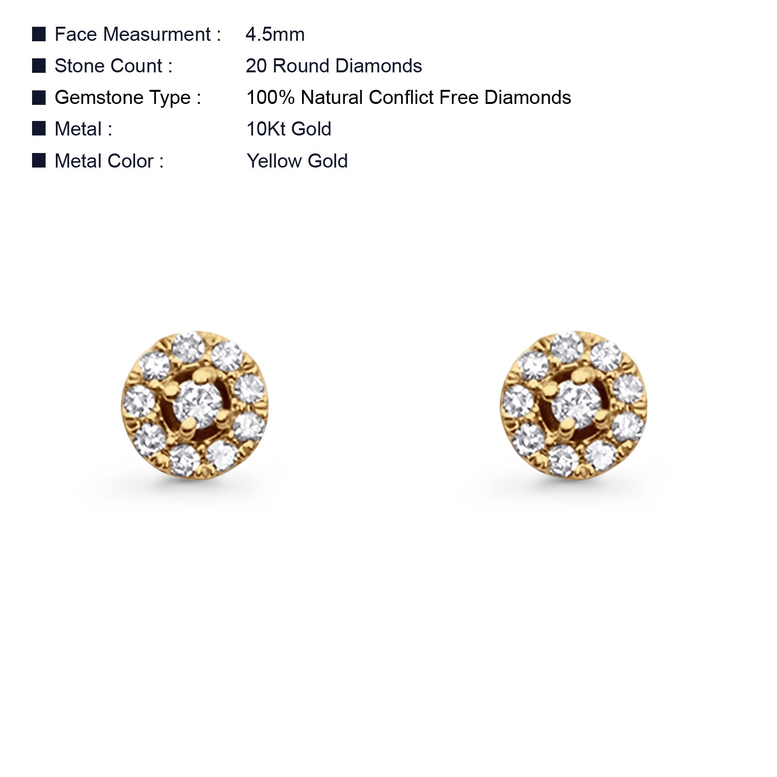 Solid 10K Yellow Gold 4.5mm Round Diamond Stud Minimalist Earring Wholesale