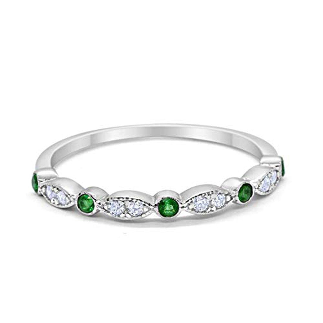 Half Eternity Wedding Band Round Simulated Green Emerald CZ 925 Sterling Silver