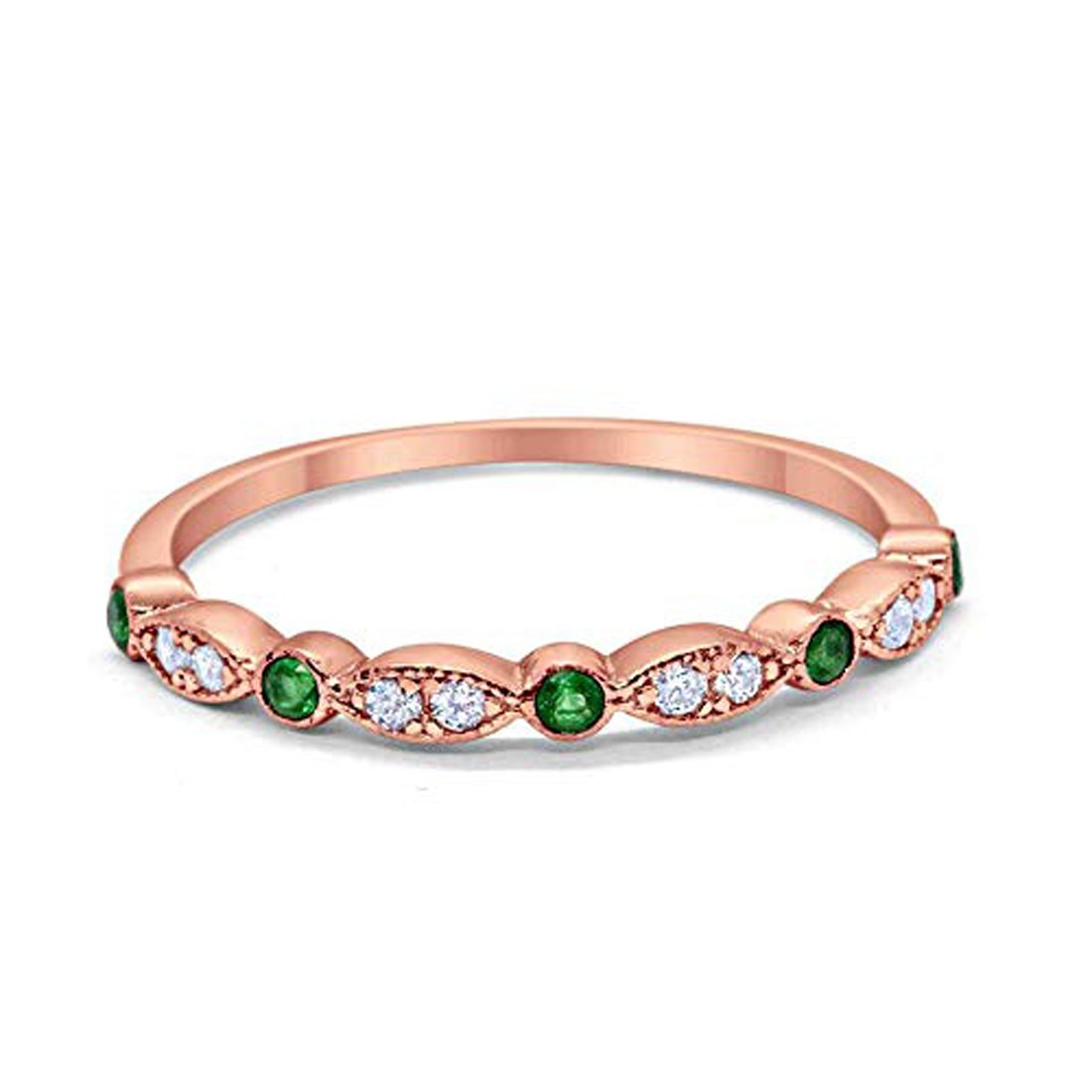 Half Eternity Wedding Band Round Rose Tone, Simulated Green Emerald CZ 925 Sterling Silver