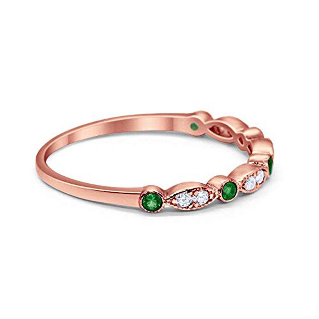 Half Eternity Wedding Band Round Rose Tone, Simulated Green Emerald CZ 925 Sterling Silver