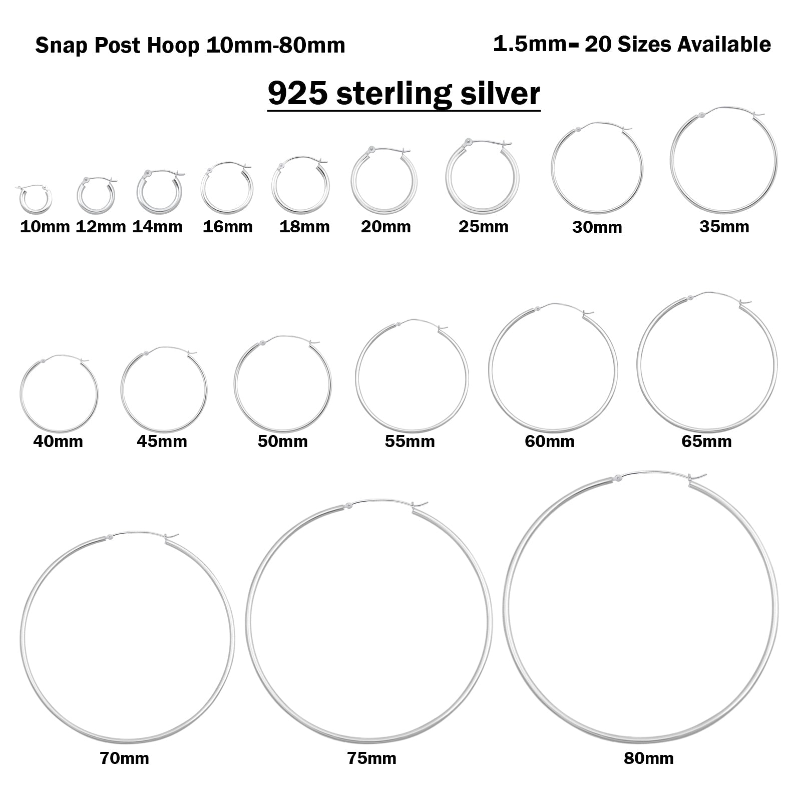 1.5mm Thickness Snap Post Hoop Earring Hoop Earrings Round 925 Sterling Silver (10mm-80mm)
