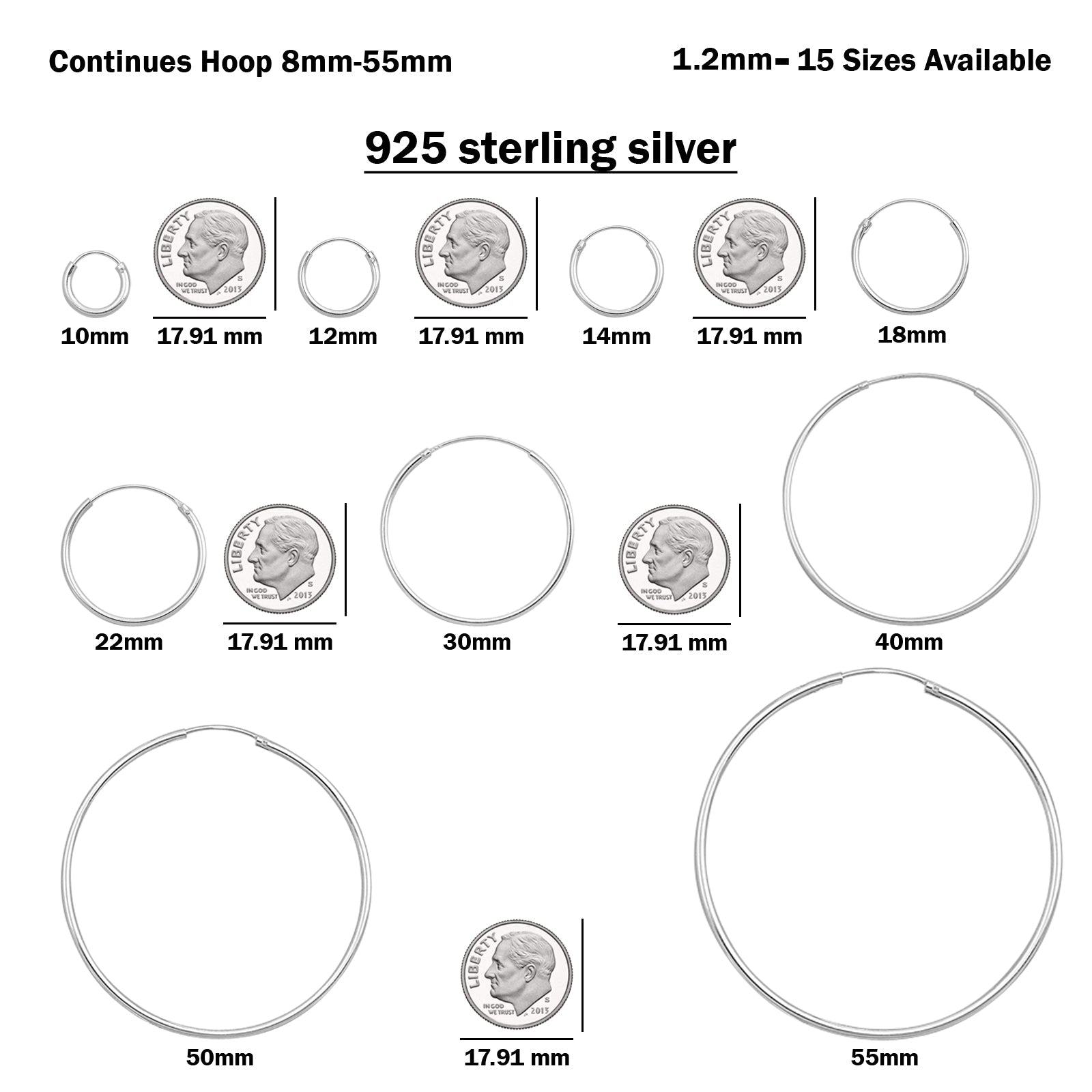 1.2 mm Thickness Continuous Hoop Earrings Round 925 Sterling Silver (8mm-55mm)