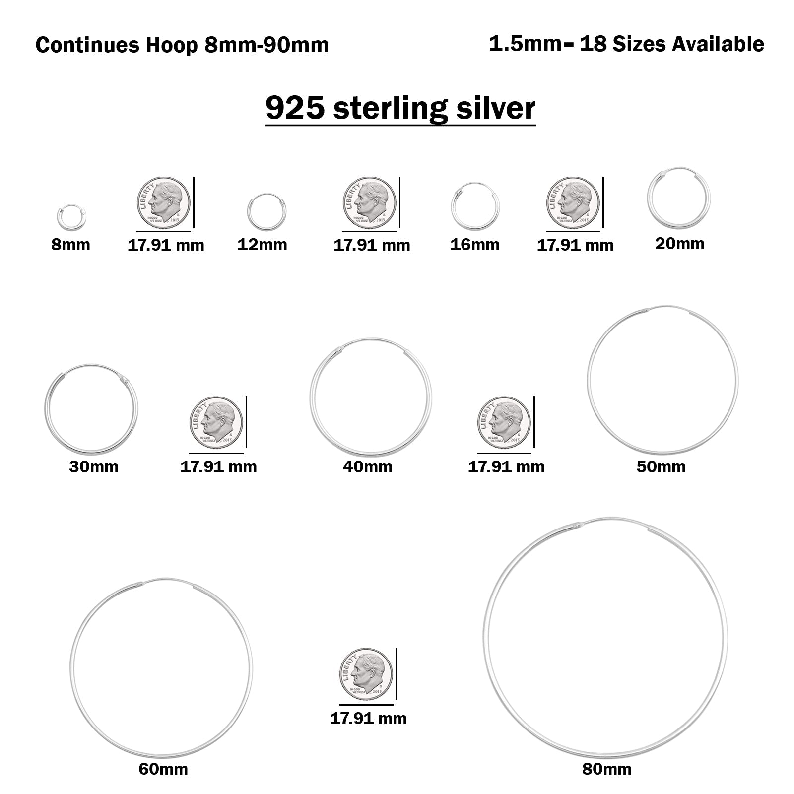 1.5mm Thickness Continuous Hoop Earrings Round 925 Sterling Silver (8mm-90mm)
