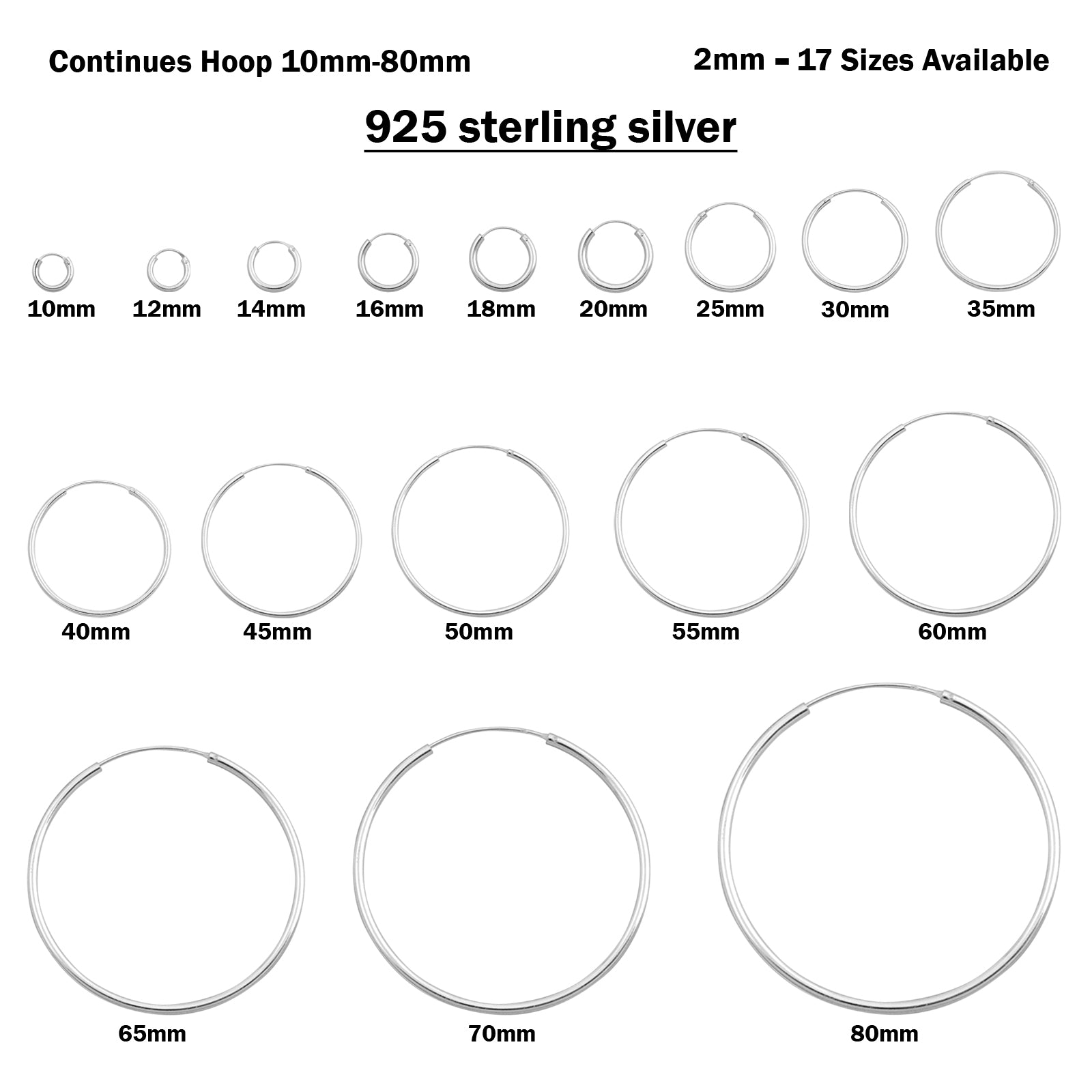 2mm Thickness Continuous Hoop Earrings Round 925 Sterling Silver (10mm-80mm)