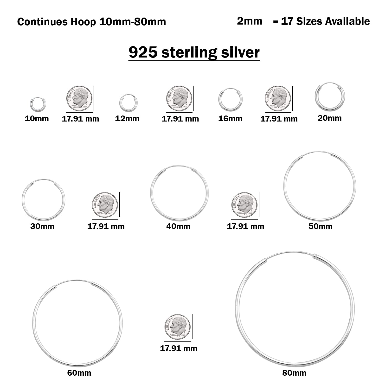 2mm Thickness Continuous Hoop Earrings Round 925 Sterling Silver (10mm-80mm)