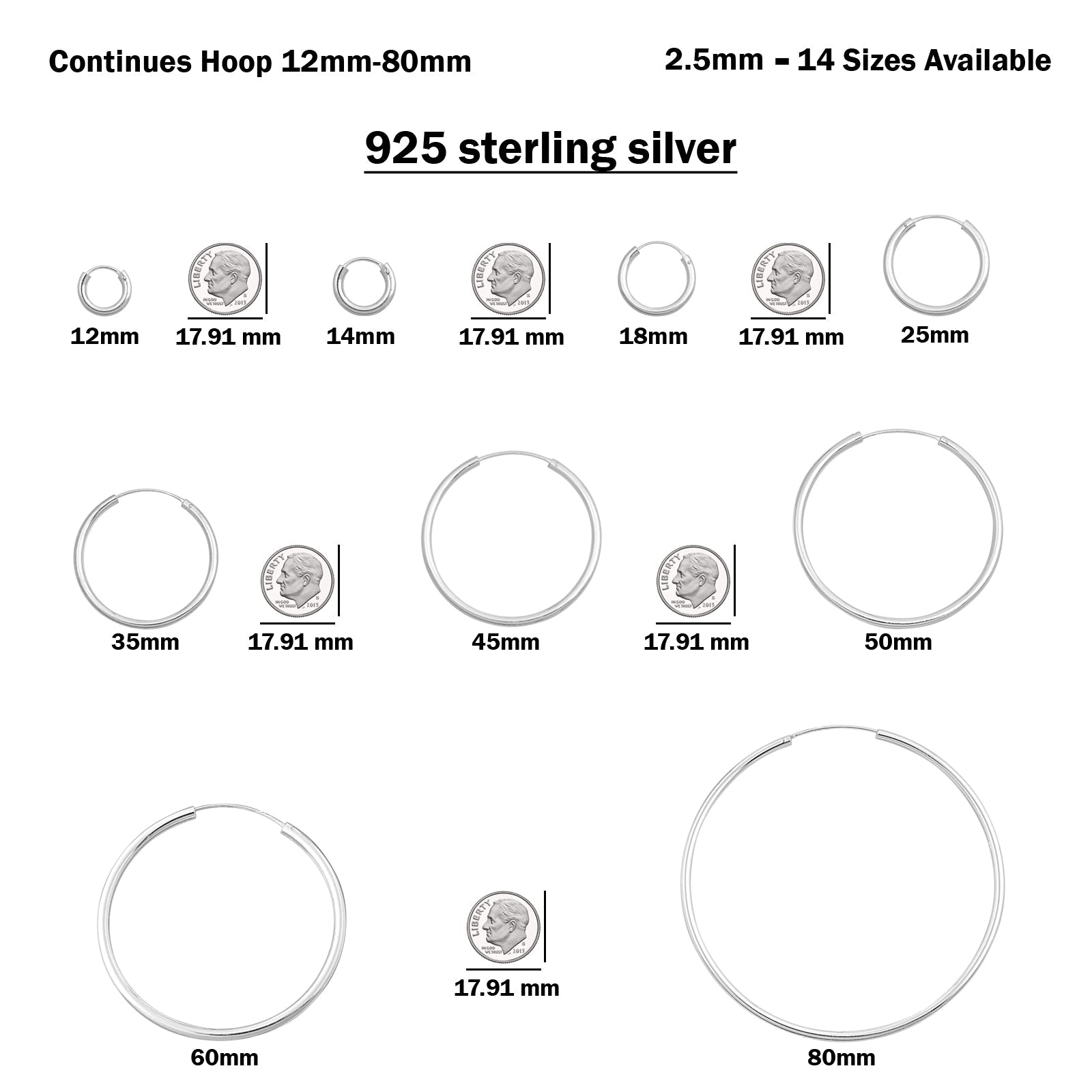 2.5mm Thickness Continuous Hoop Earrings Round 925 Sterling Silver (12mm-80mm)
