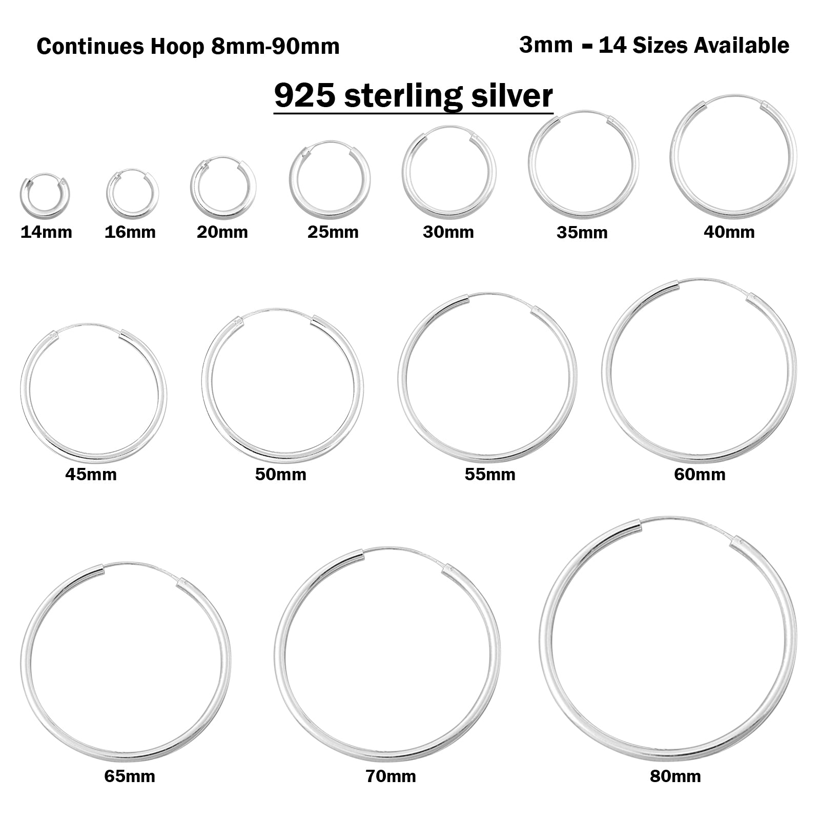 3mm Thickness Continuous Hoop Earrings Round 925 Sterling Silver (14mm-80mm)