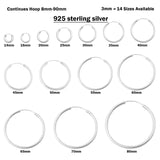3mm Thickness Continuous Hoop Earrings Round 925 Sterling Silver (14mm-80mm)