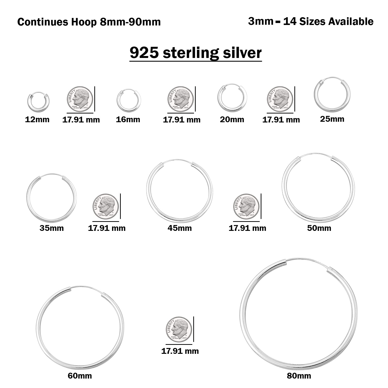 3mm Thickness Continuous Hoop Earrings Round 925 Sterling Silver (14mm-80mm)