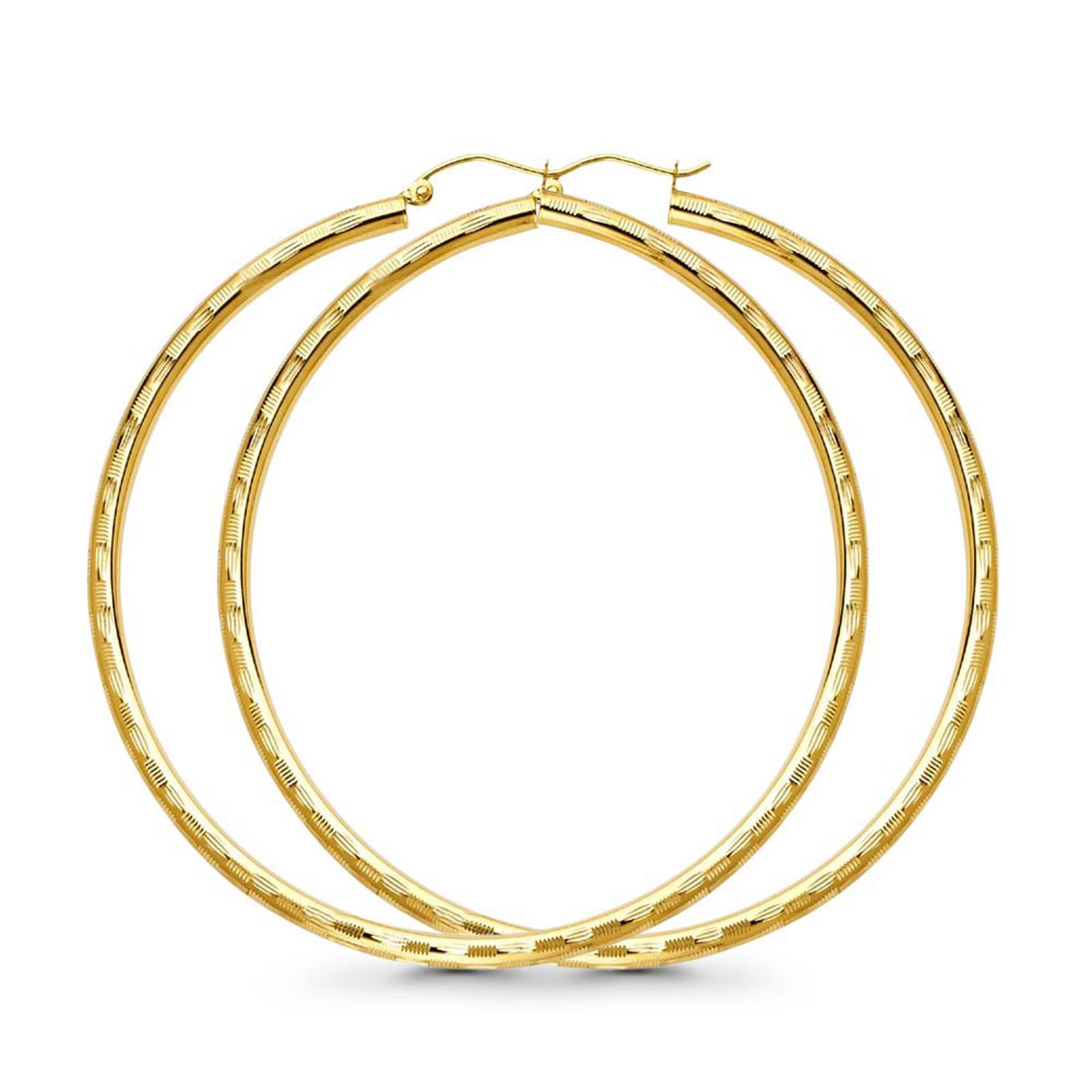 Real Diamond Cut 14K Yellow Gold 3mm Snap Closure Hoop Earrings Hinged 5grams 65mm