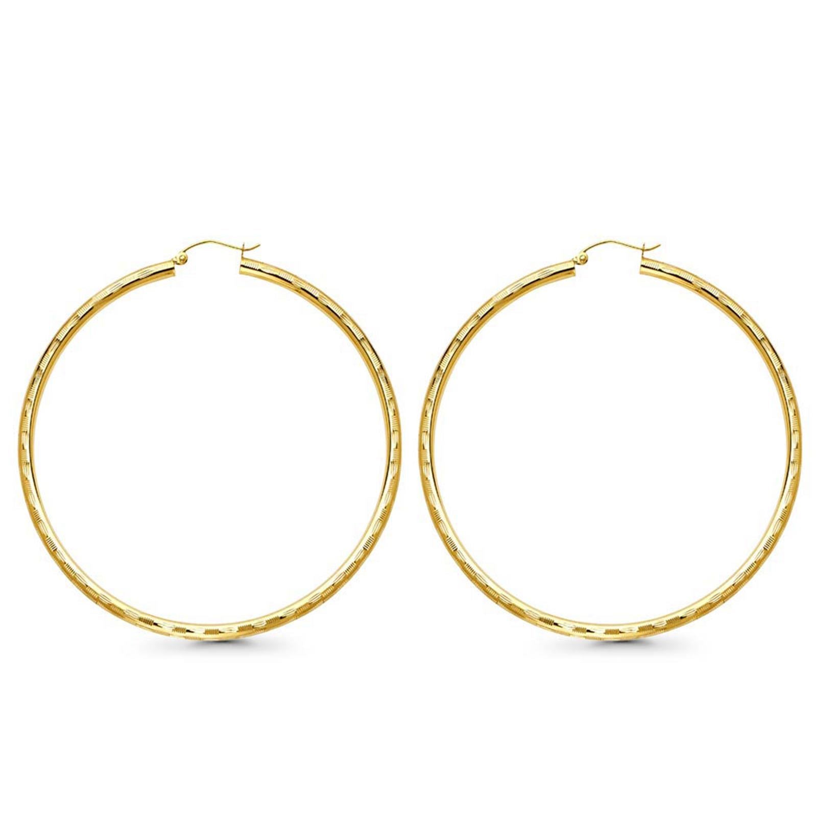 Real Diamond Cut 14K Yellow Gold 3mm Snap Closure Hoop Earrings Hinged 5grams 65mm