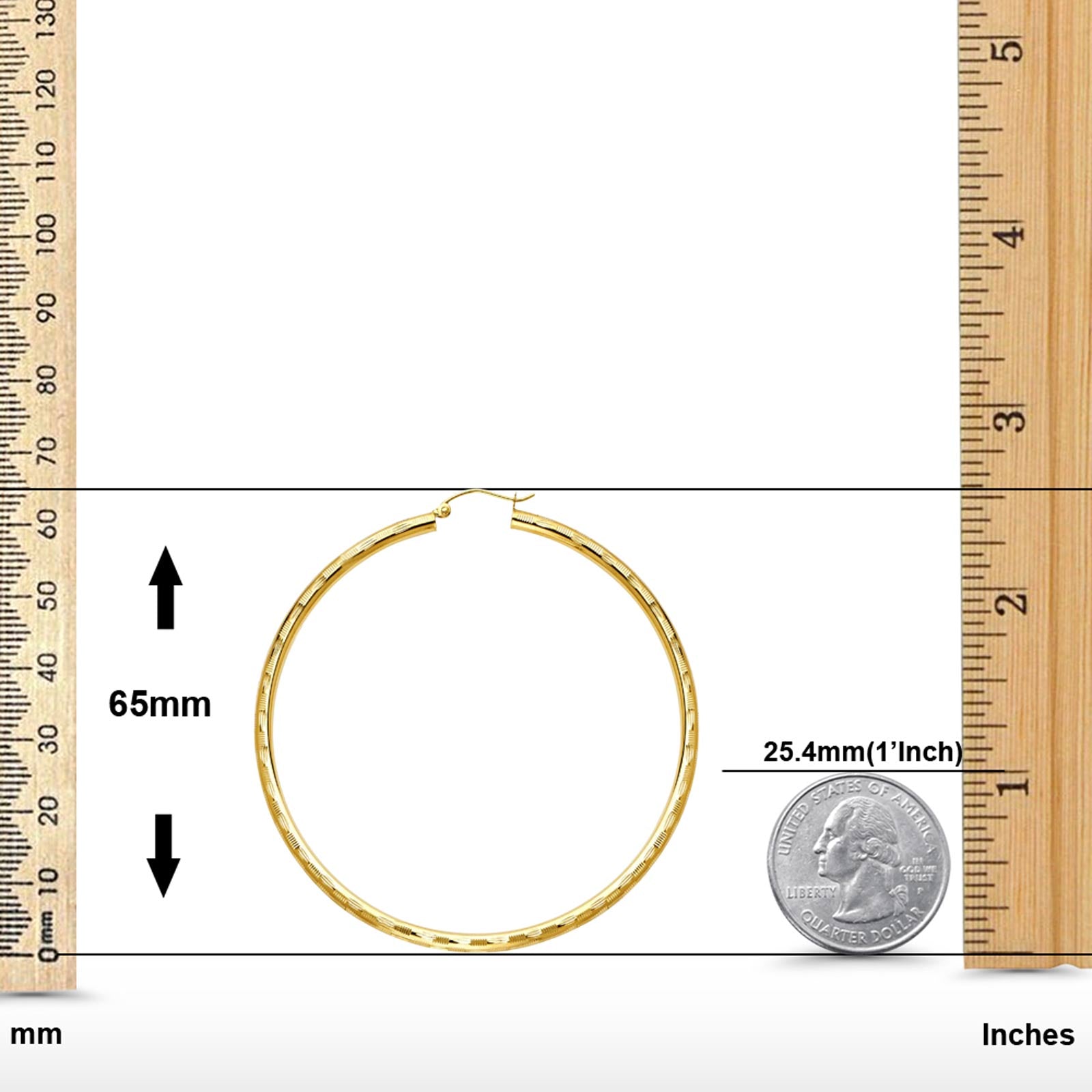 Real Diamond Cut 14K Yellow Gold 3mm Snap Closure Hoop Earrings Hinged 5grams 65mm